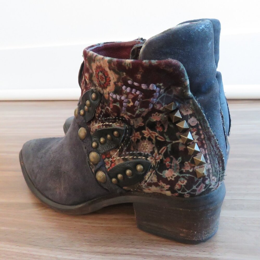 A.S. 98 Blue Floral Velvet Studded Bohemian Leather Ankle Booties Boots Grunge - Picture 10 of 15
